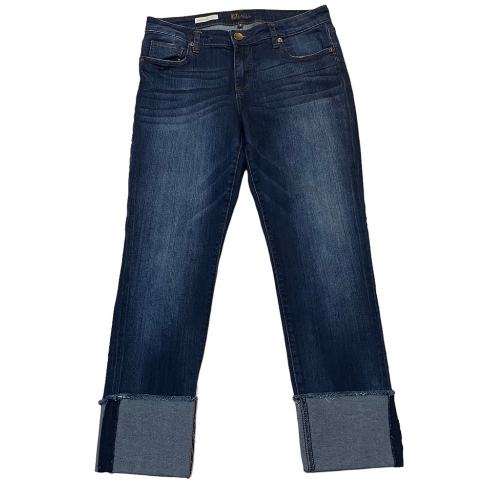 Kut from the Kloth Dark Wash Straight Leg Cuffed Hem Cropped Jeans Sz 6 - Picture 2 of 10